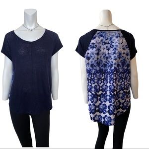 Talbots Navy Linen Chiffon Floral Back Tee